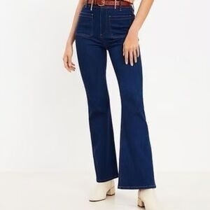 Loft 𖤓 Patch Pocket High Rise Slim Flare Jeans Classic Mid Indigo Wash.